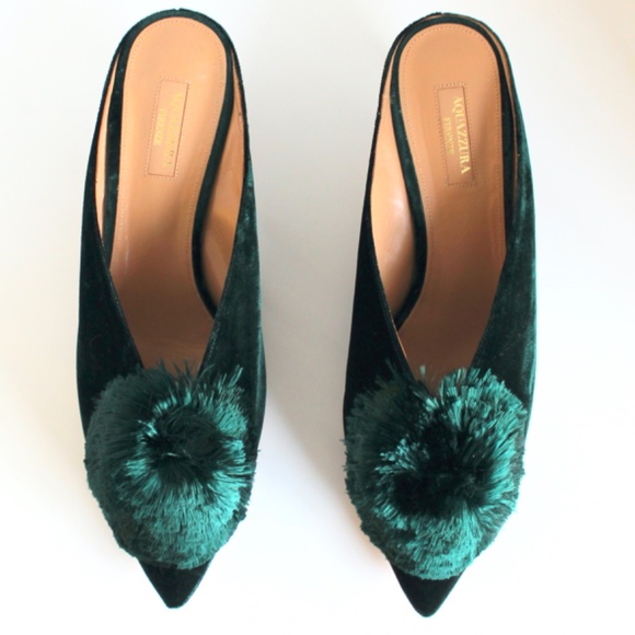 Aquazzura Powder-Puff Green Velvet Kitten Heel Mules, IT 40.5, Excellent Cond. - Picture 2 of 14